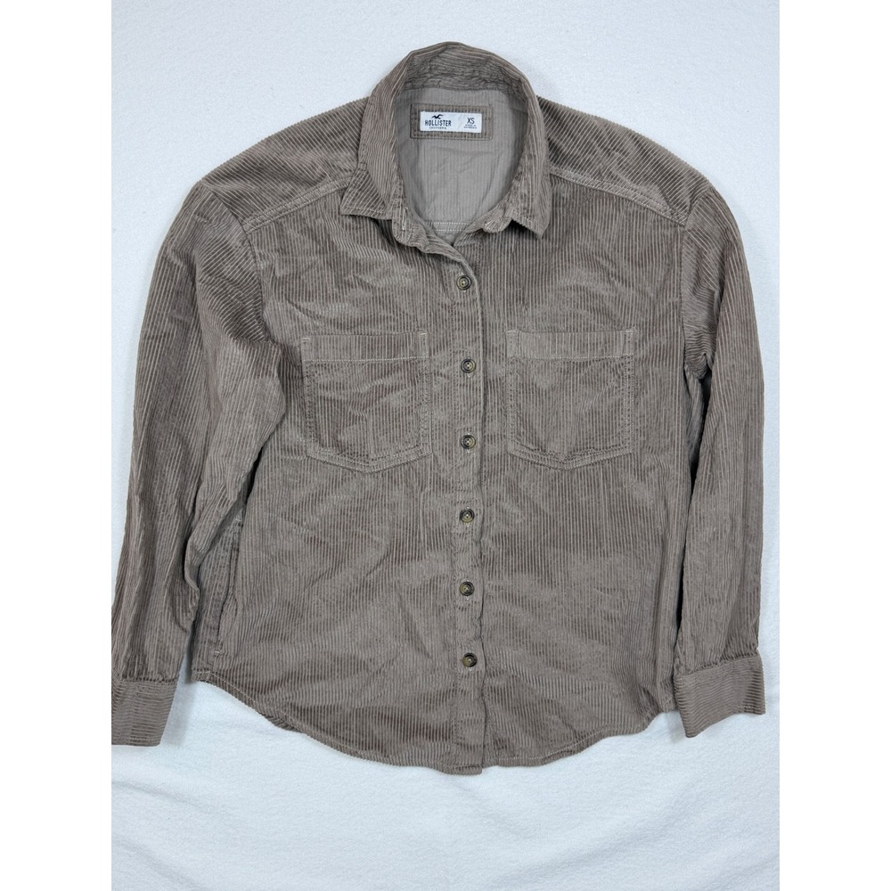 Hollister Corduroy Button Down Shirt Taupe Brown XS Long Sleeve Pockets